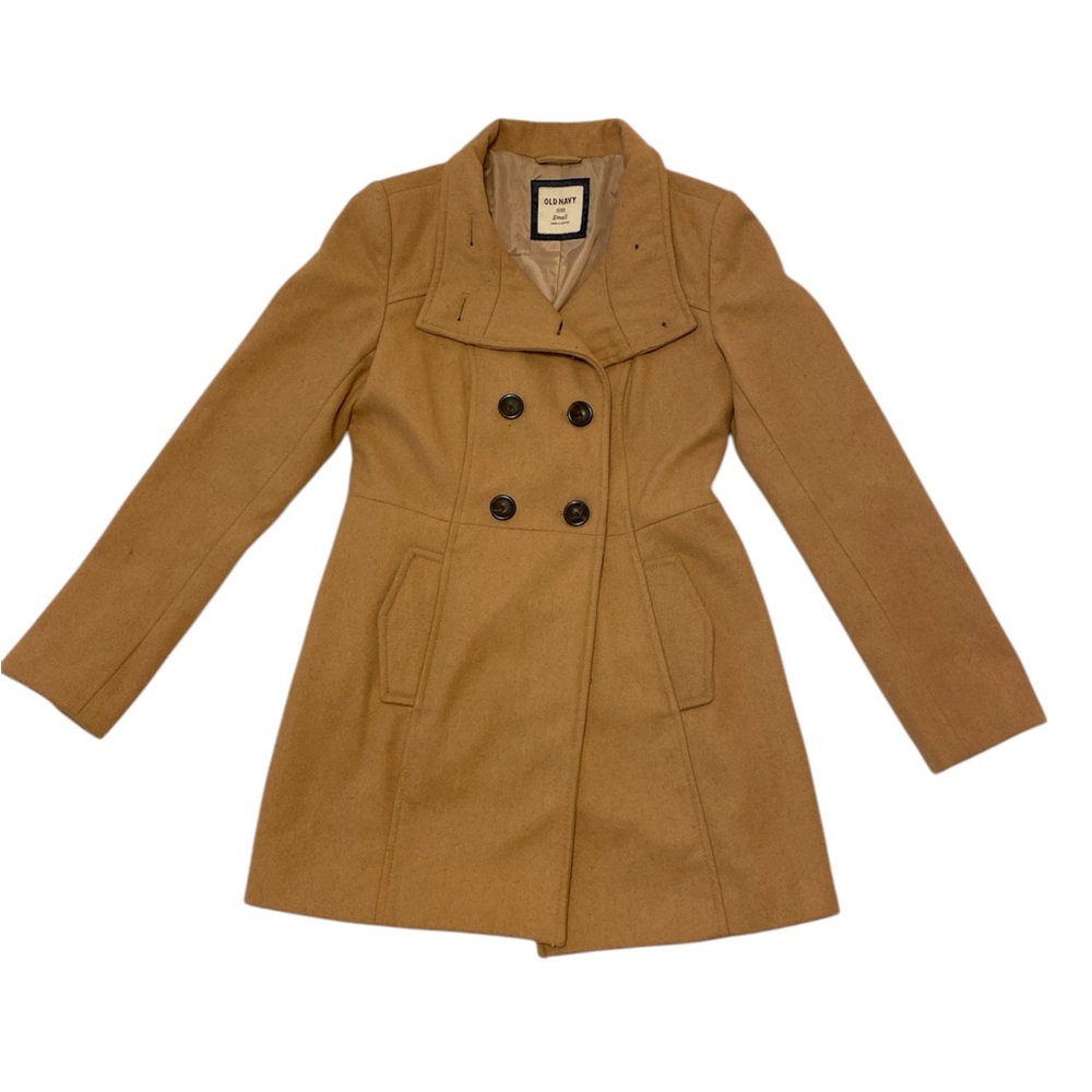 Old Navy Tan Pea Coat with Wide Lapel and Medium Length | Size Small